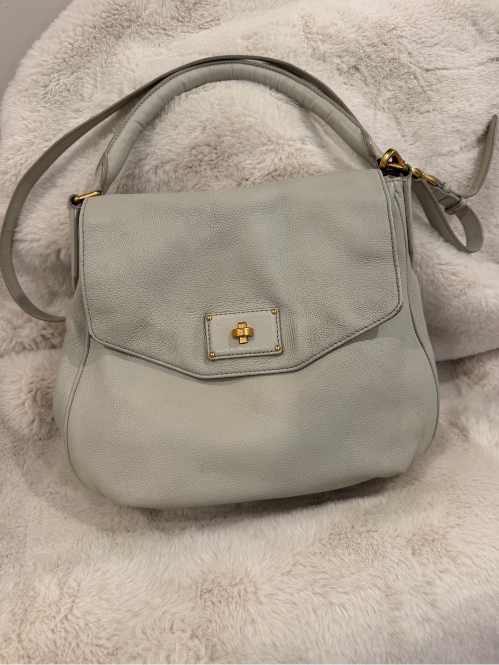Marc Jacobs Light Gray Pebbled Leather Shoulder Bag with Gold Tone Hardware